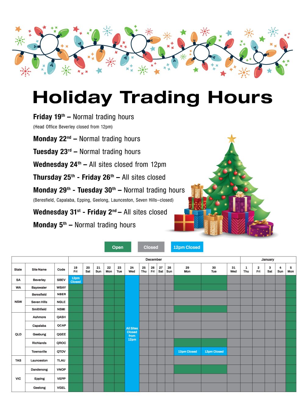 Natrad Holiday Trading Hours